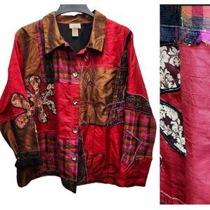 Choices Patchwork Daisy Silk Blend Jacket Womens 2X Brown Red Button-Up Office